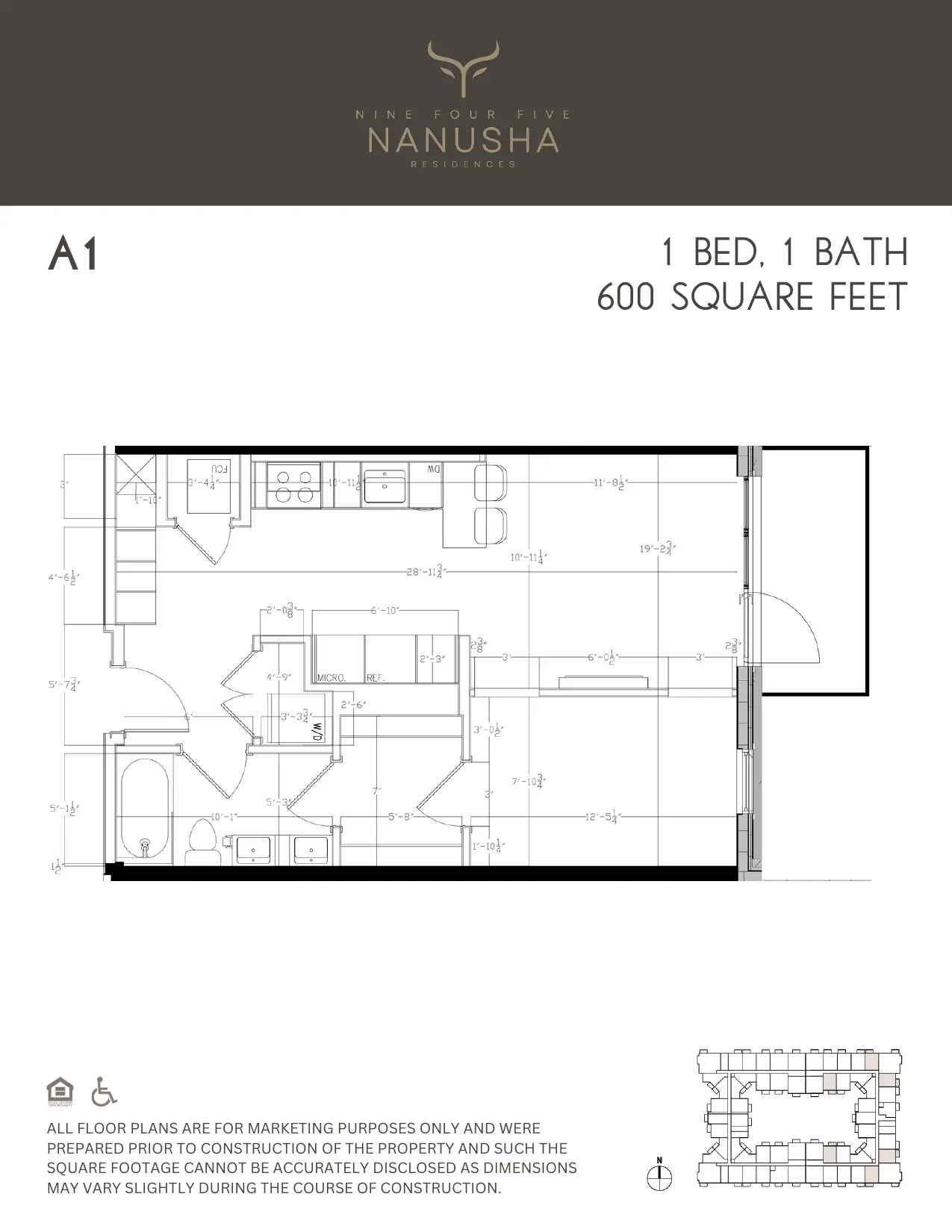 A1 floor plan, 1 Bed, 1 Bath, 600 sq ft