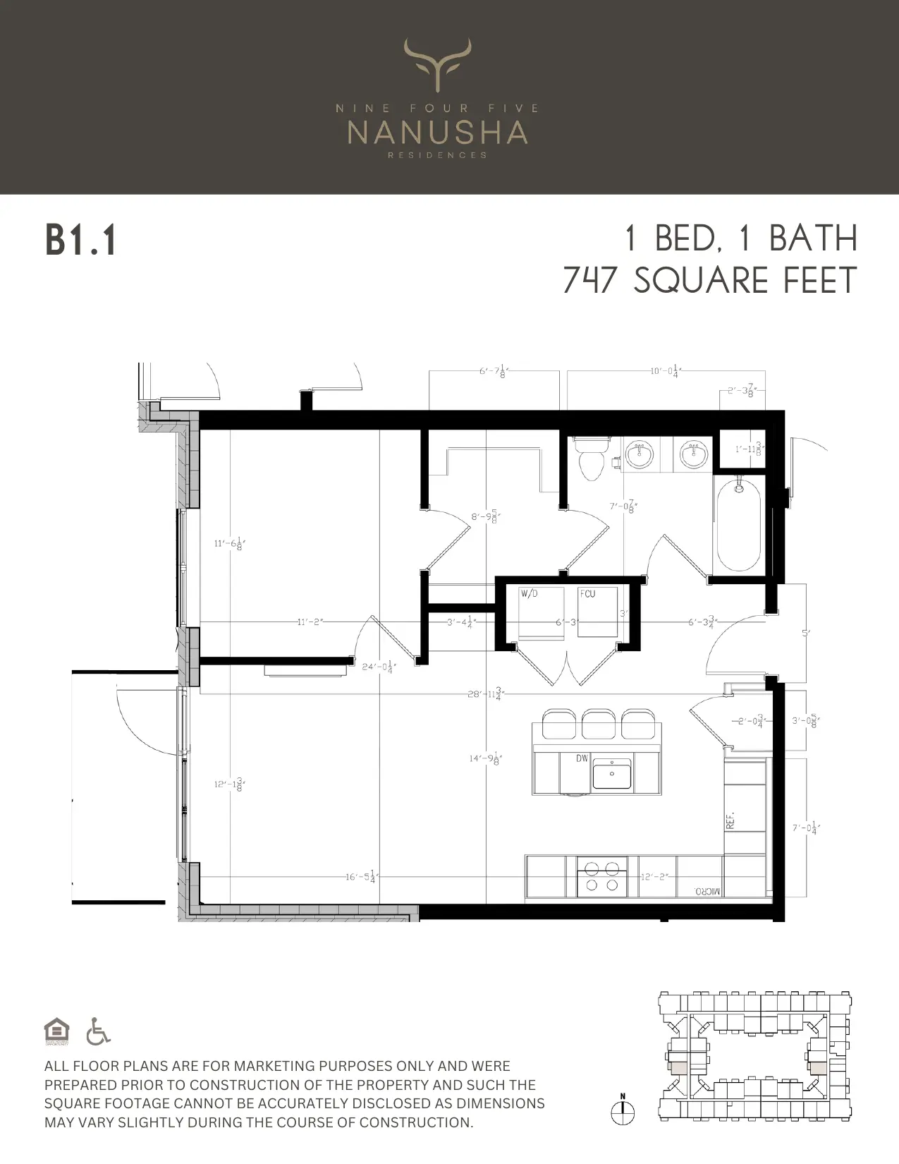 B1.1 floor plan, 1 Bed, 1 Bath, 747 sq ft
