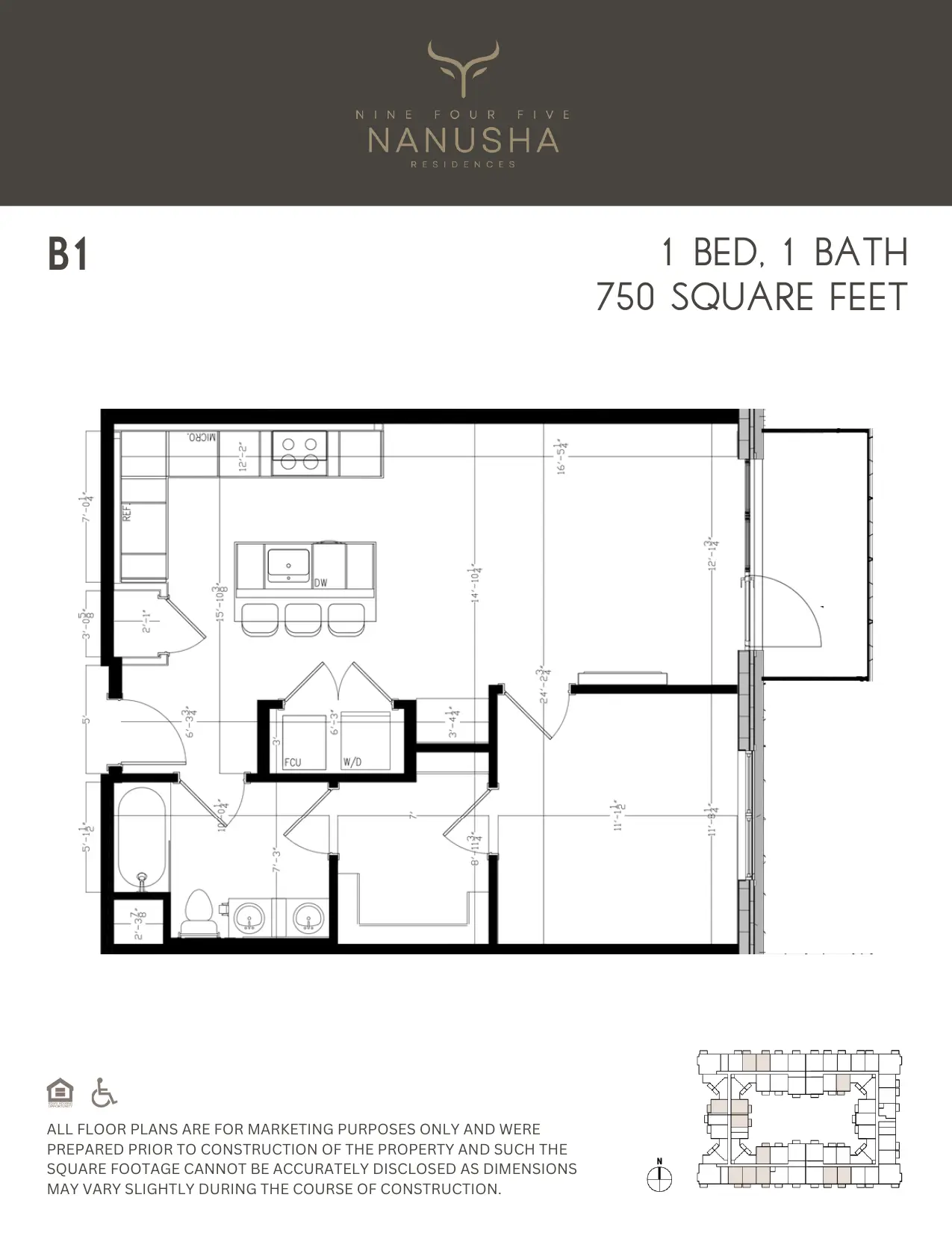 B1 floor plan, 1 Bed, 1 Bath, 750 sq ft