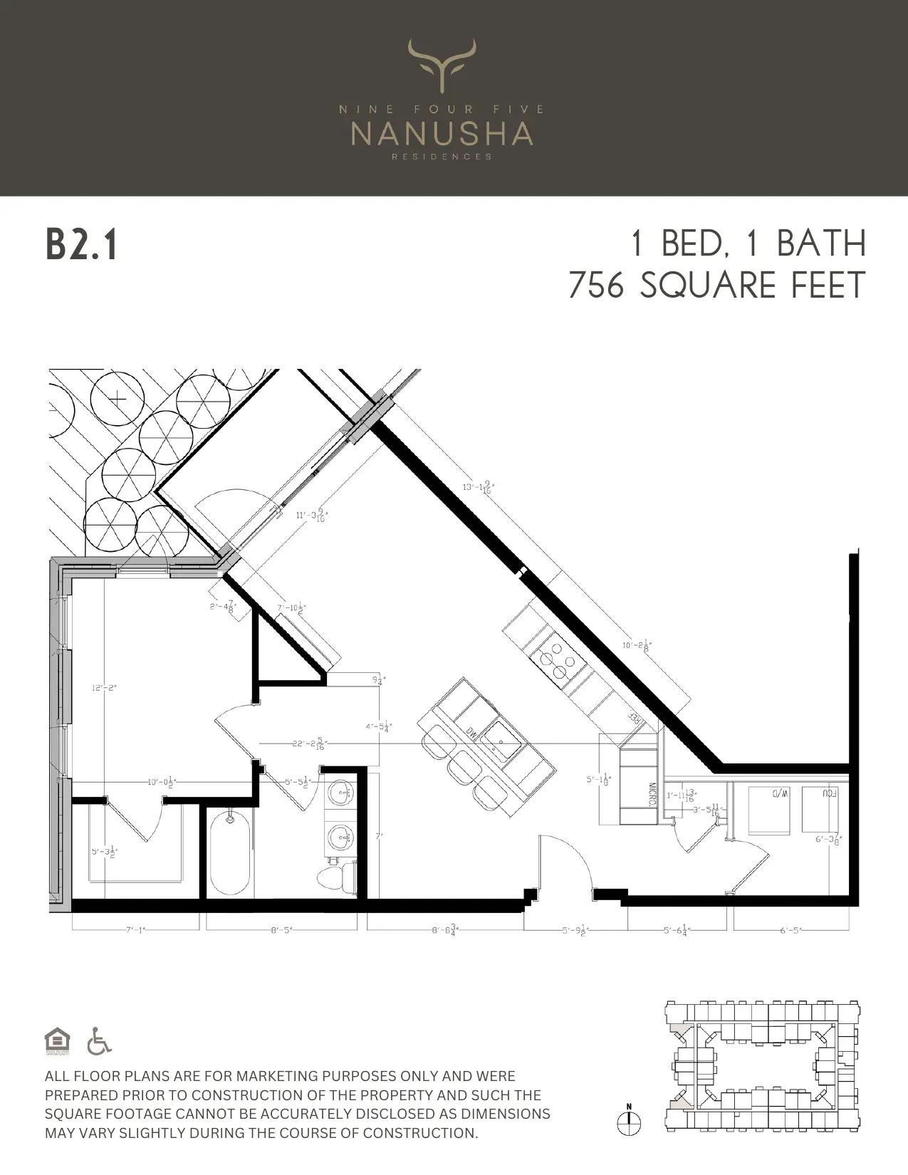 B2.1 floor plan, 1 Bed, 1 Bath, 756 sq ft