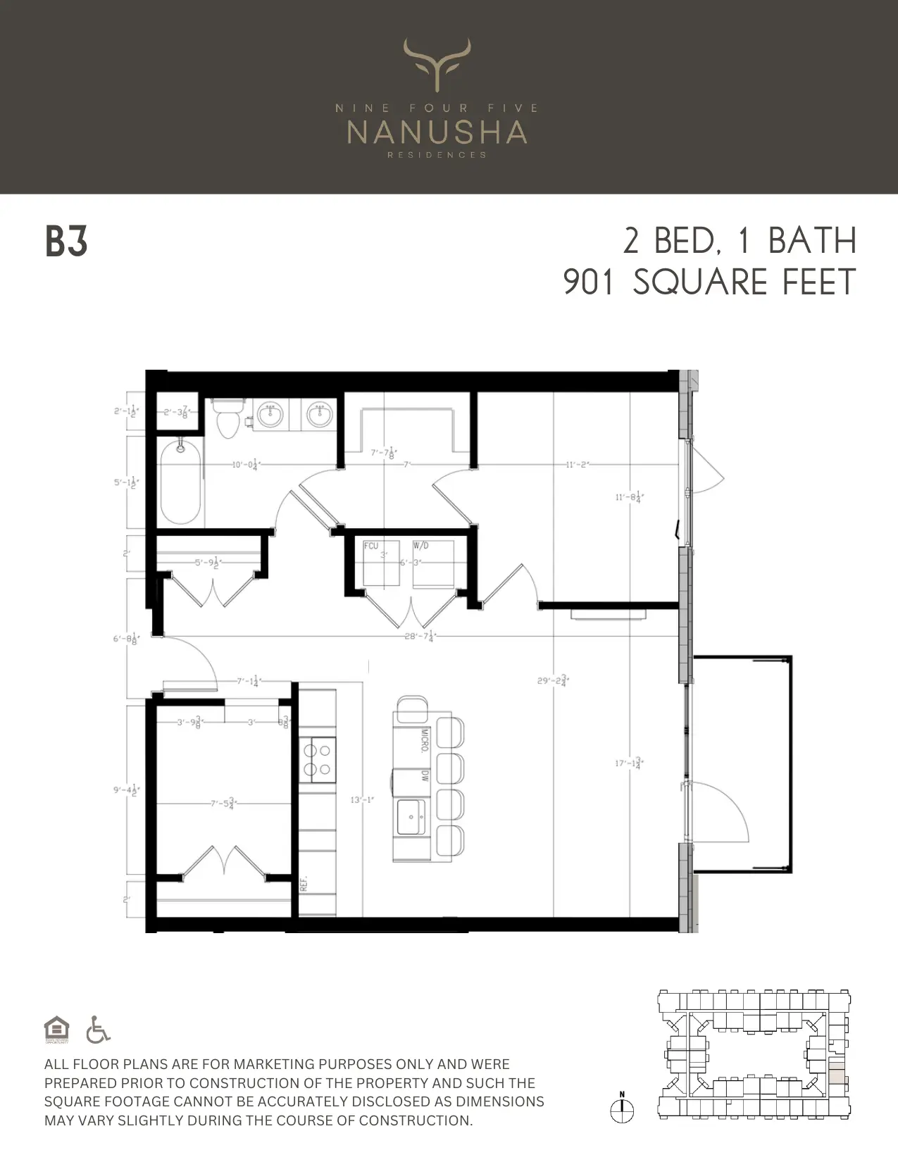 B3 floor plan, 2 Bed, 1 Bath, 901 sq ft