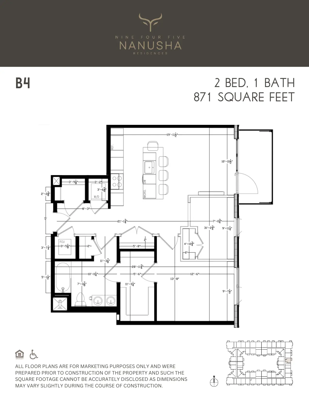 B4 floor plan, 2 Bed, 1 Bath, 871 sq ft