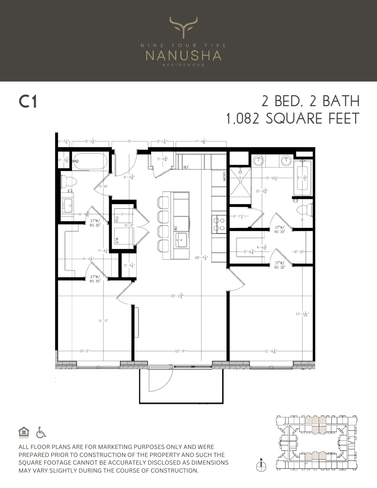 C1 floor plan, 2 Bed, 2 Bath, 1,082 sq ft