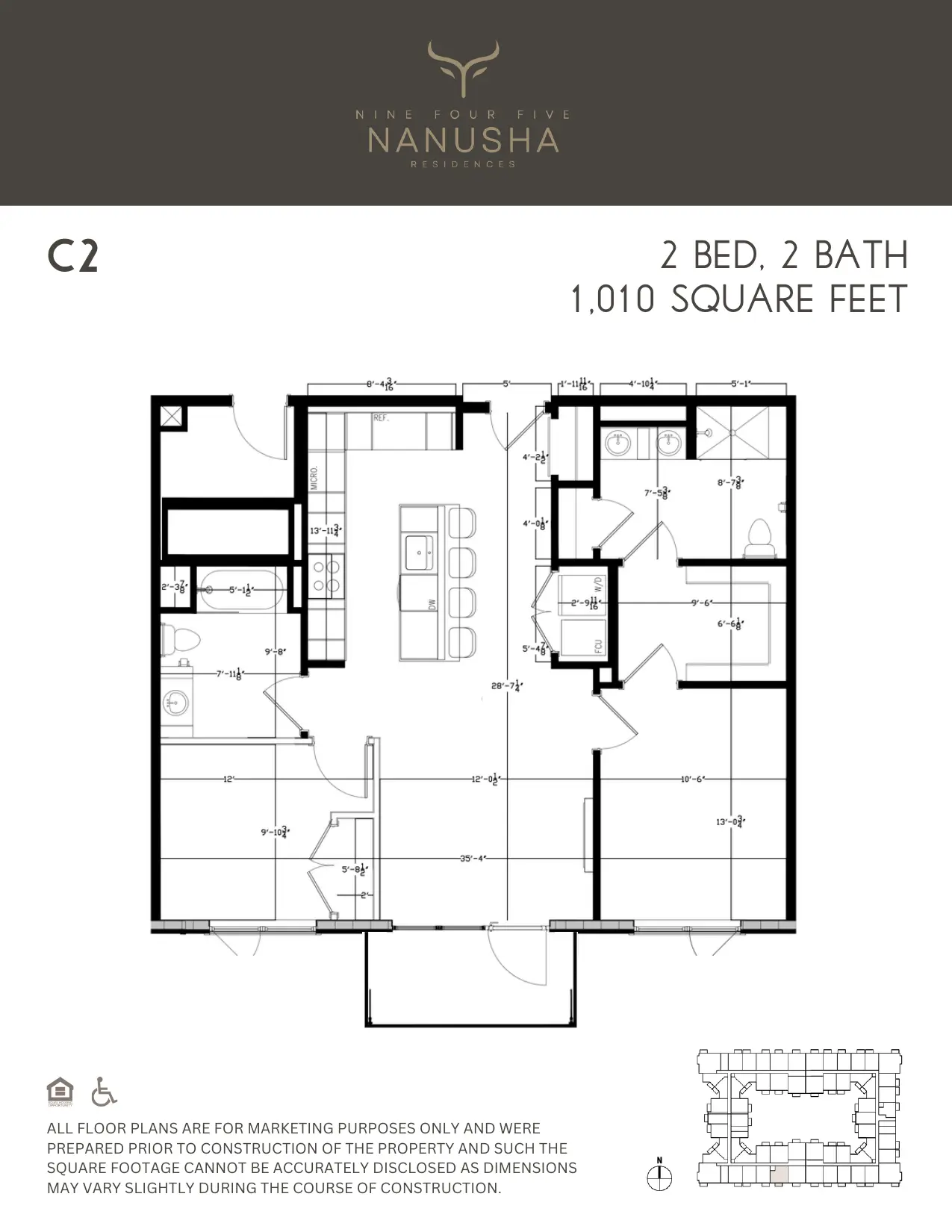 C2 floor plan, 2 Bed, 2 Bath, 1,010 sq ft