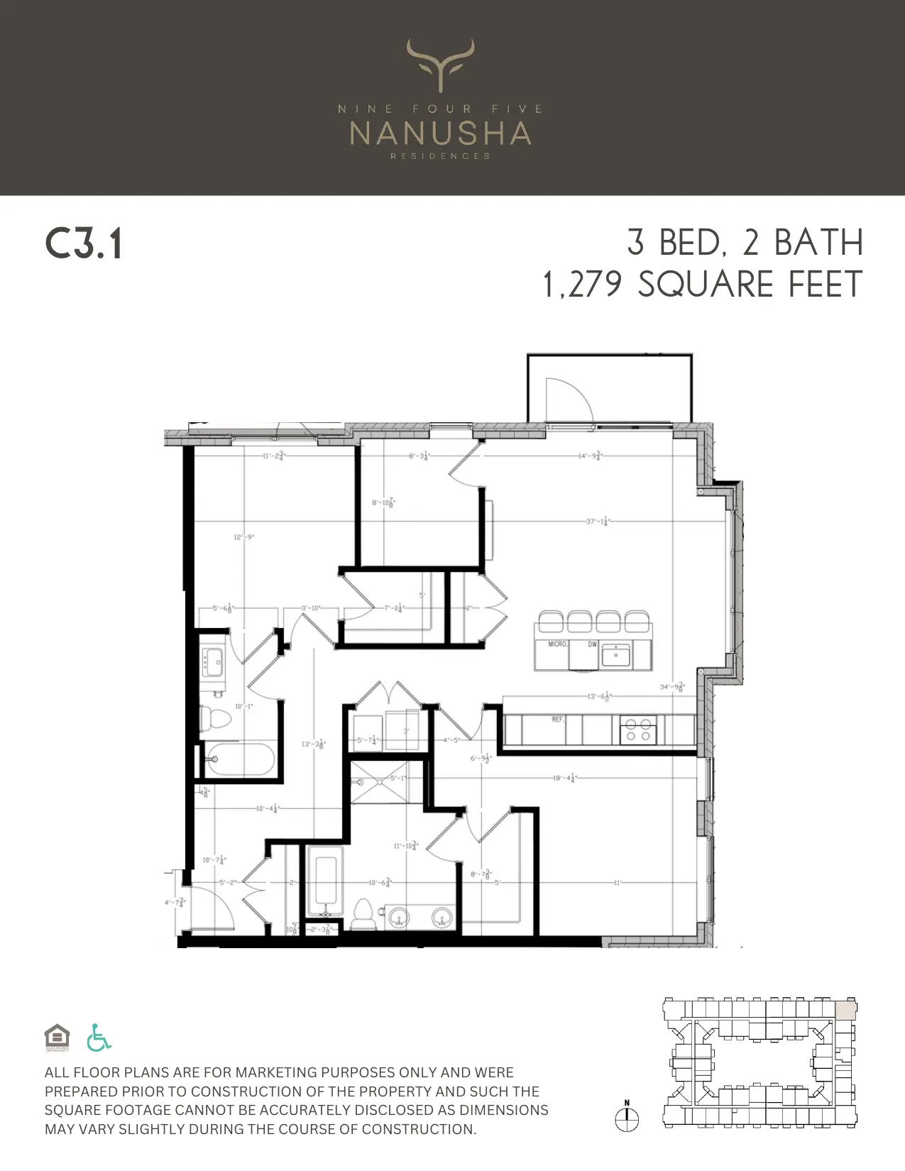 C3.1 floor plan, 3 Bed, 2 Bath, 1,279 sq ft