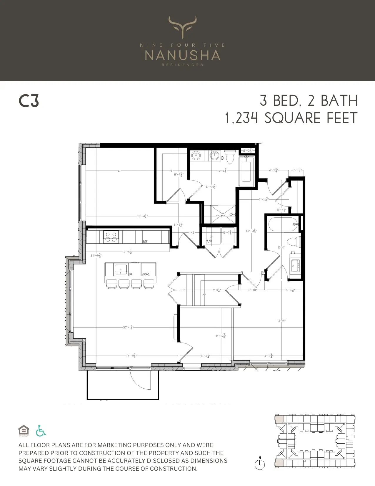 C3 floor plan, 3 Bed, 2 Bath, 1,234 sq ft
