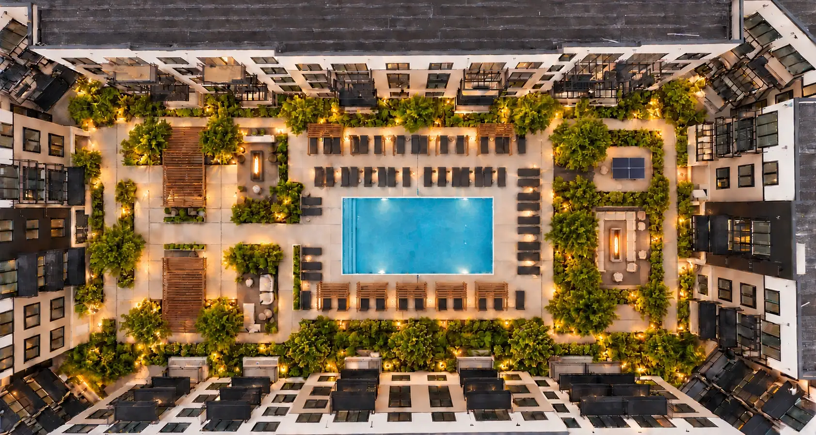 Rendering of the courtyard from above with the pool, cabanas, fire pit lounges, pergolas and landscaping