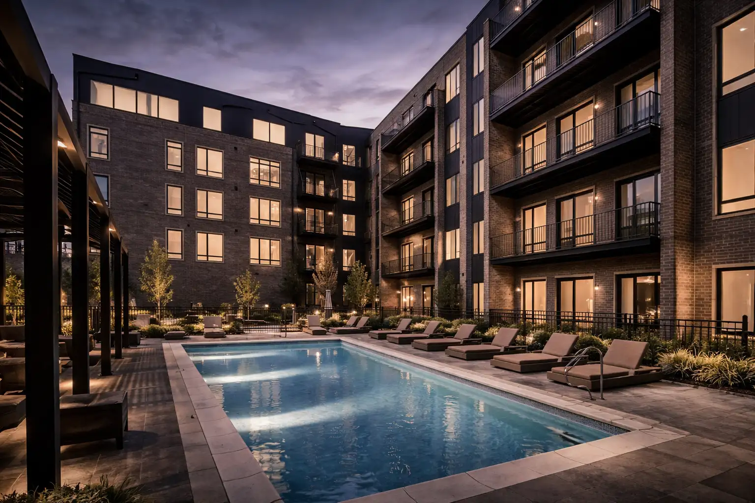 Courtyard pool rendering at dusk