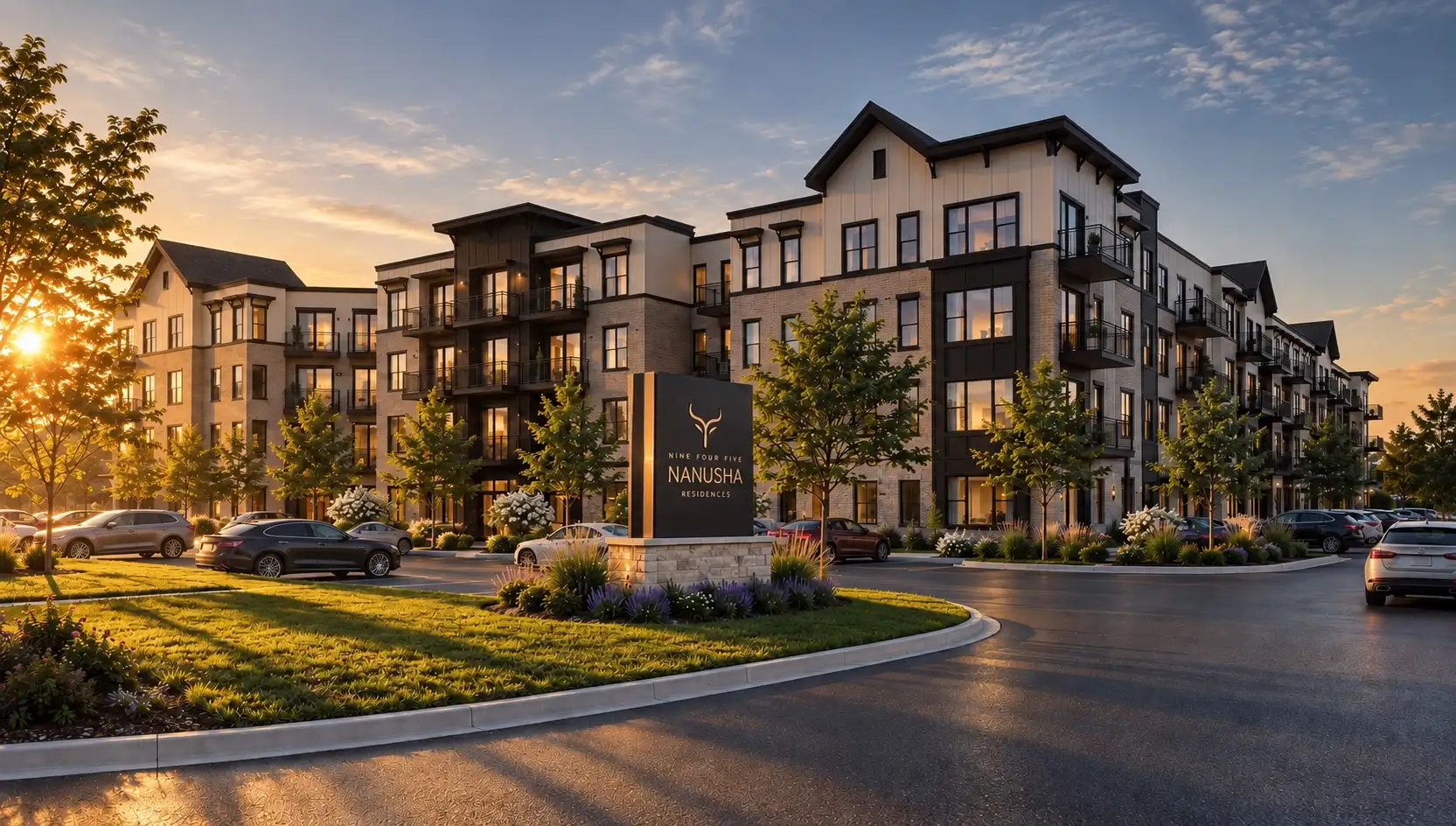 Sunset rendering of the 945 Nanusha Residences building and entry sign