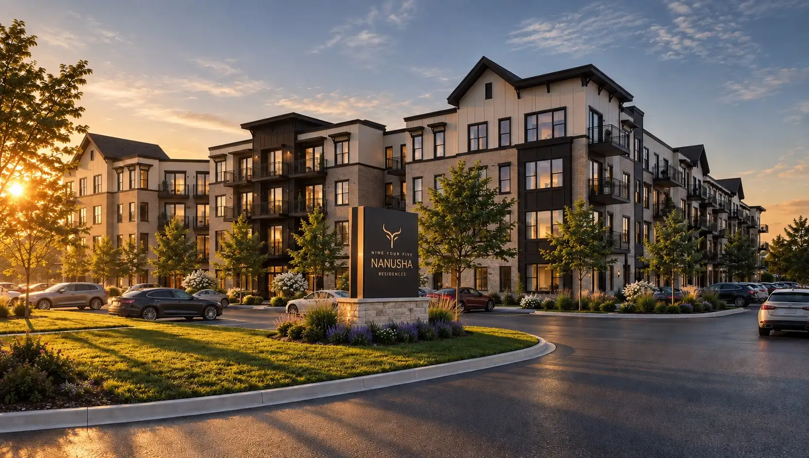 Sunset rendering of the building exterior
