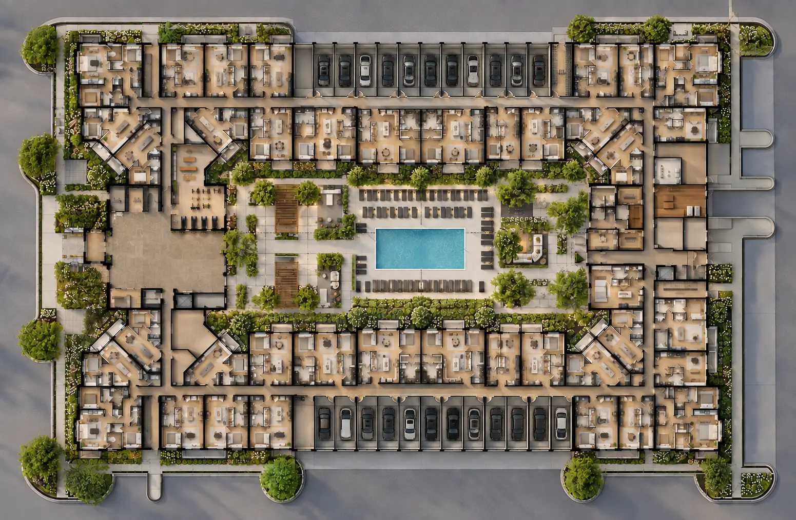Illustrated first floor site plan showing residences around a central courtyard with the pool, lounge seating and landscaping, and parking along two sides