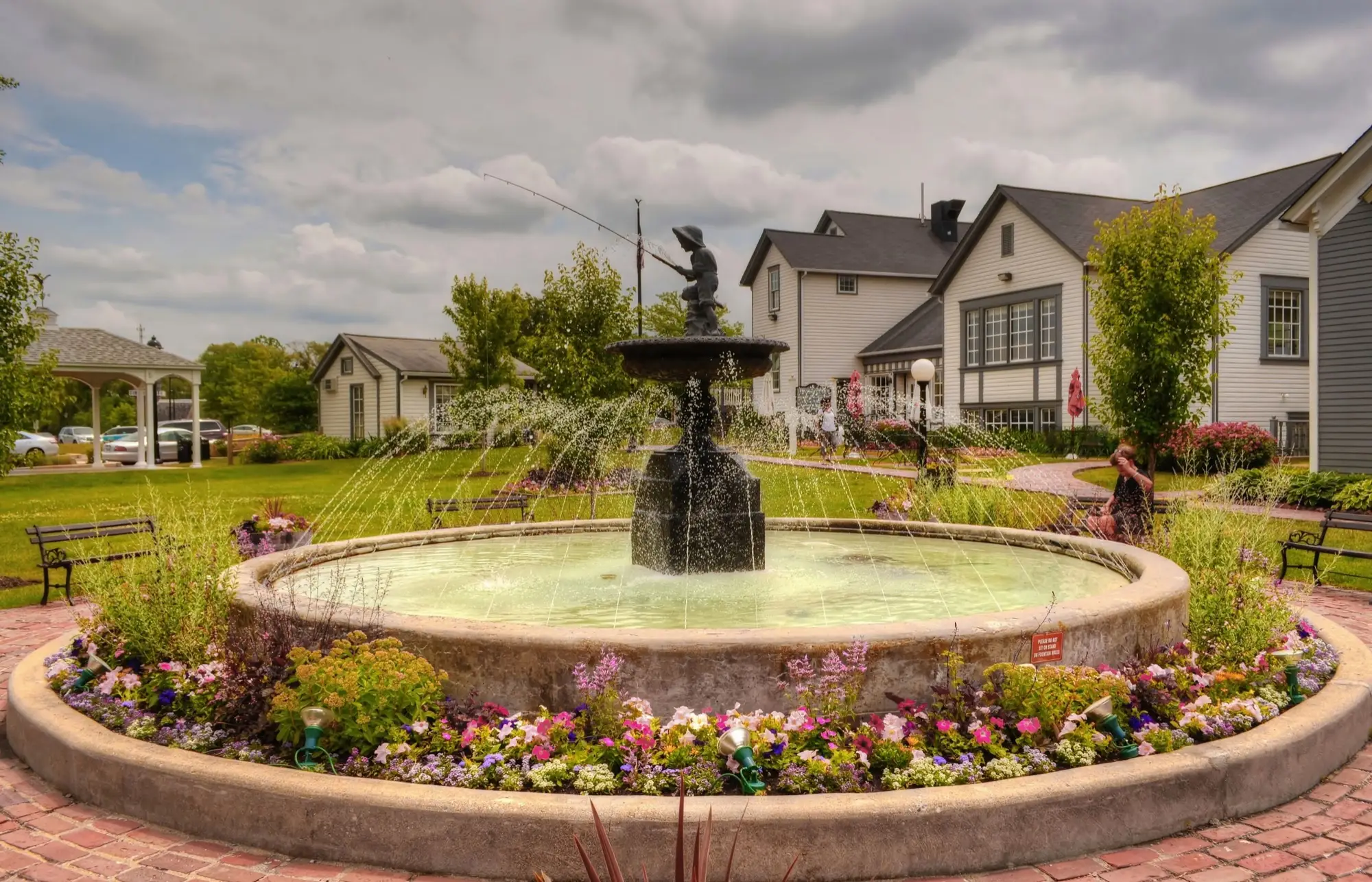 Landscaped fountain and shops in historic Long Grove